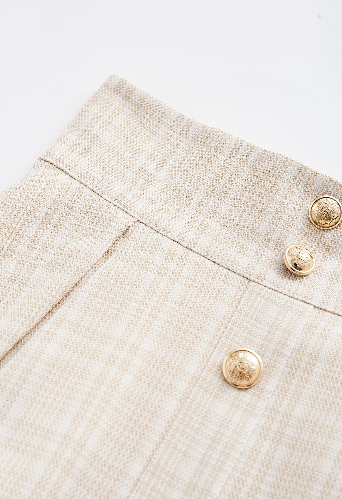 Saia midi plissada com botões de tweed xadrez em damasco