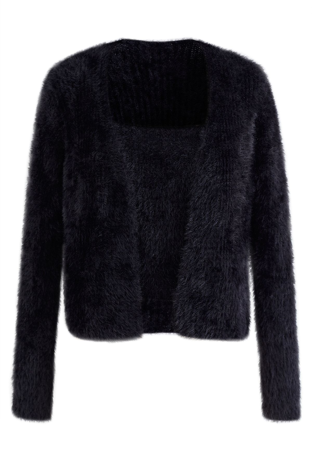 Extra Soft Fuzzy Knit Cami Top and Cardigan Set in Black