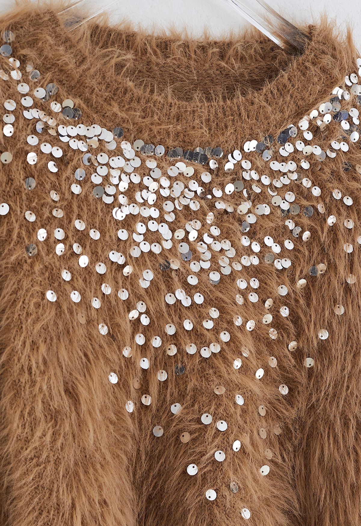 Fluffy Silver Sequins Knit Sweater in Tan