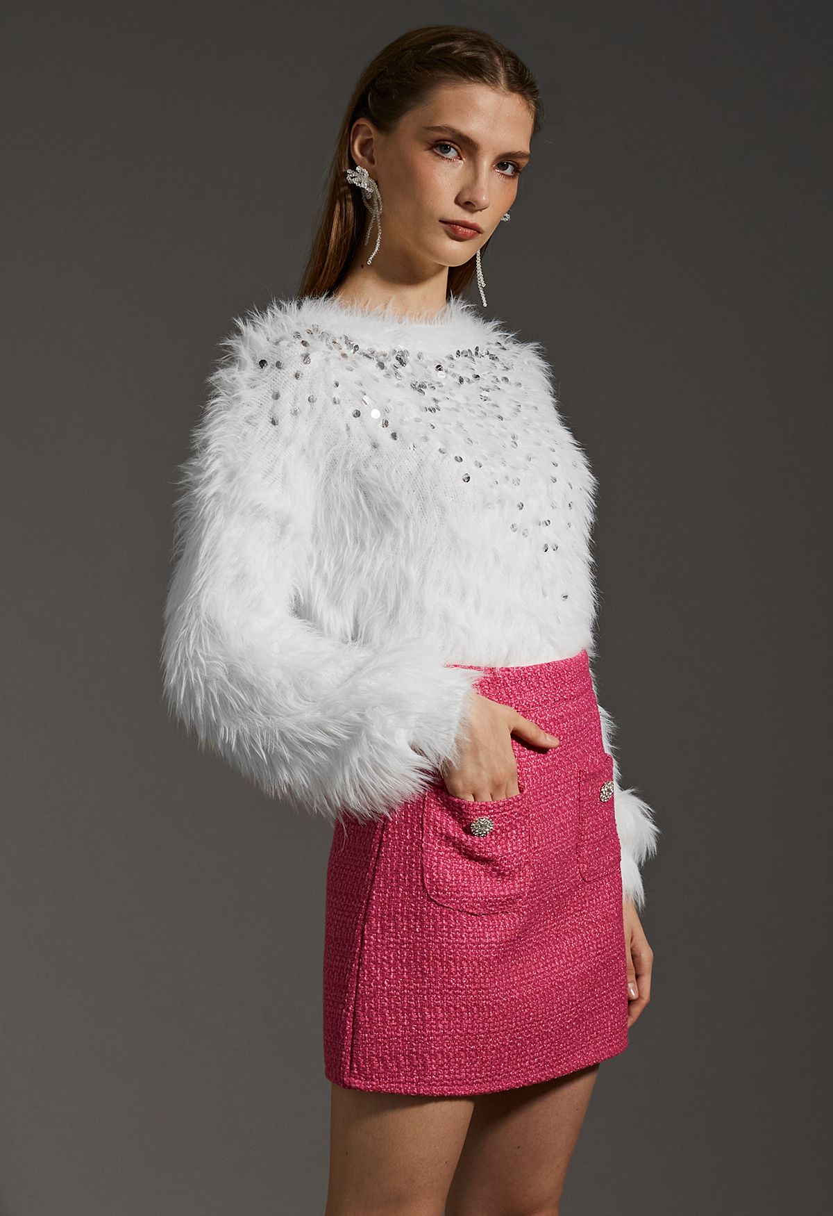 Fluffy Silver Sequins Knit Sweater in White