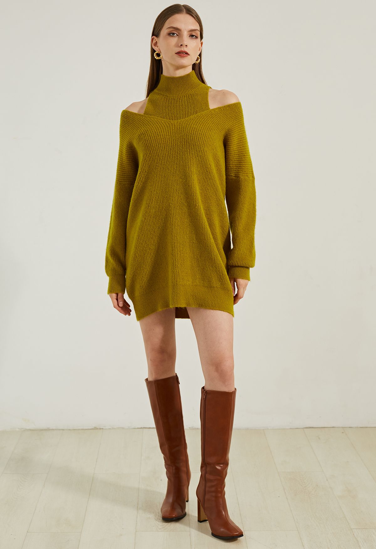 Cold-Shoulder Two-Piece Sweater Dress in Moss Green