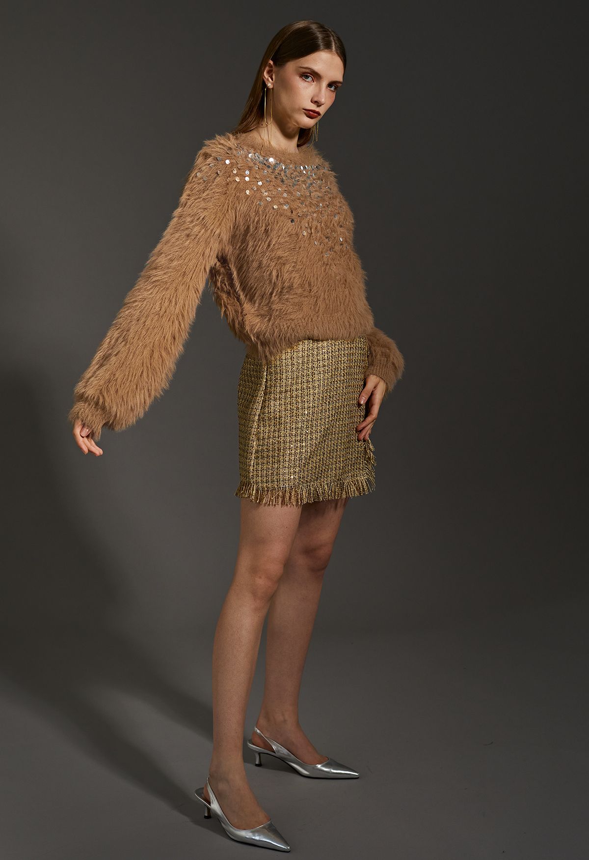 Fluffy Silver Sequins Knit Sweater in Tan