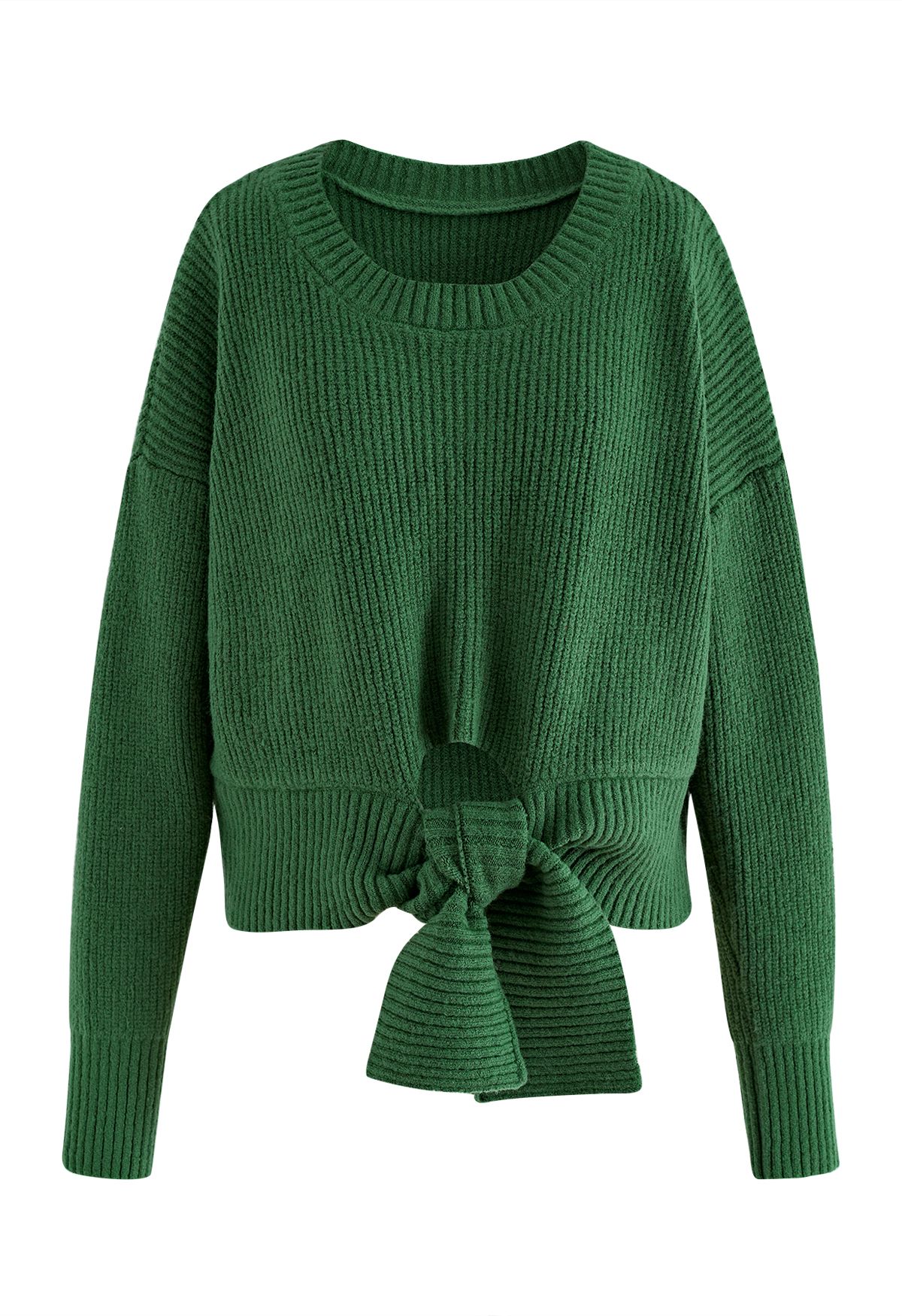 Self-Tie Knot Round Neck Knit Sweater in Green