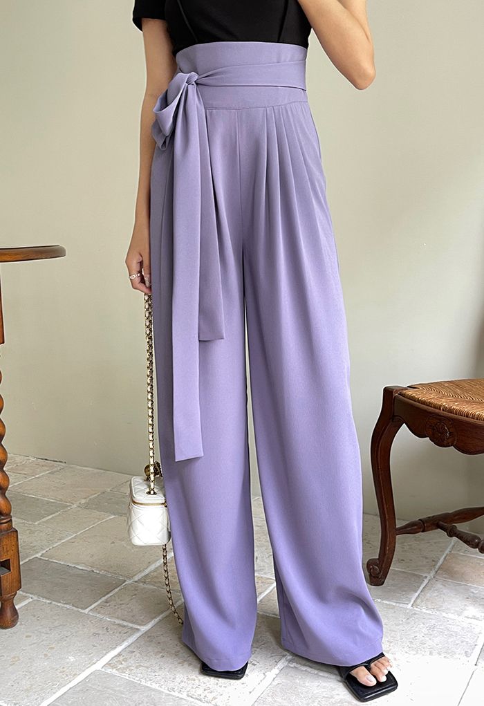 Calças largas de cintura alta Bowknot em lilás