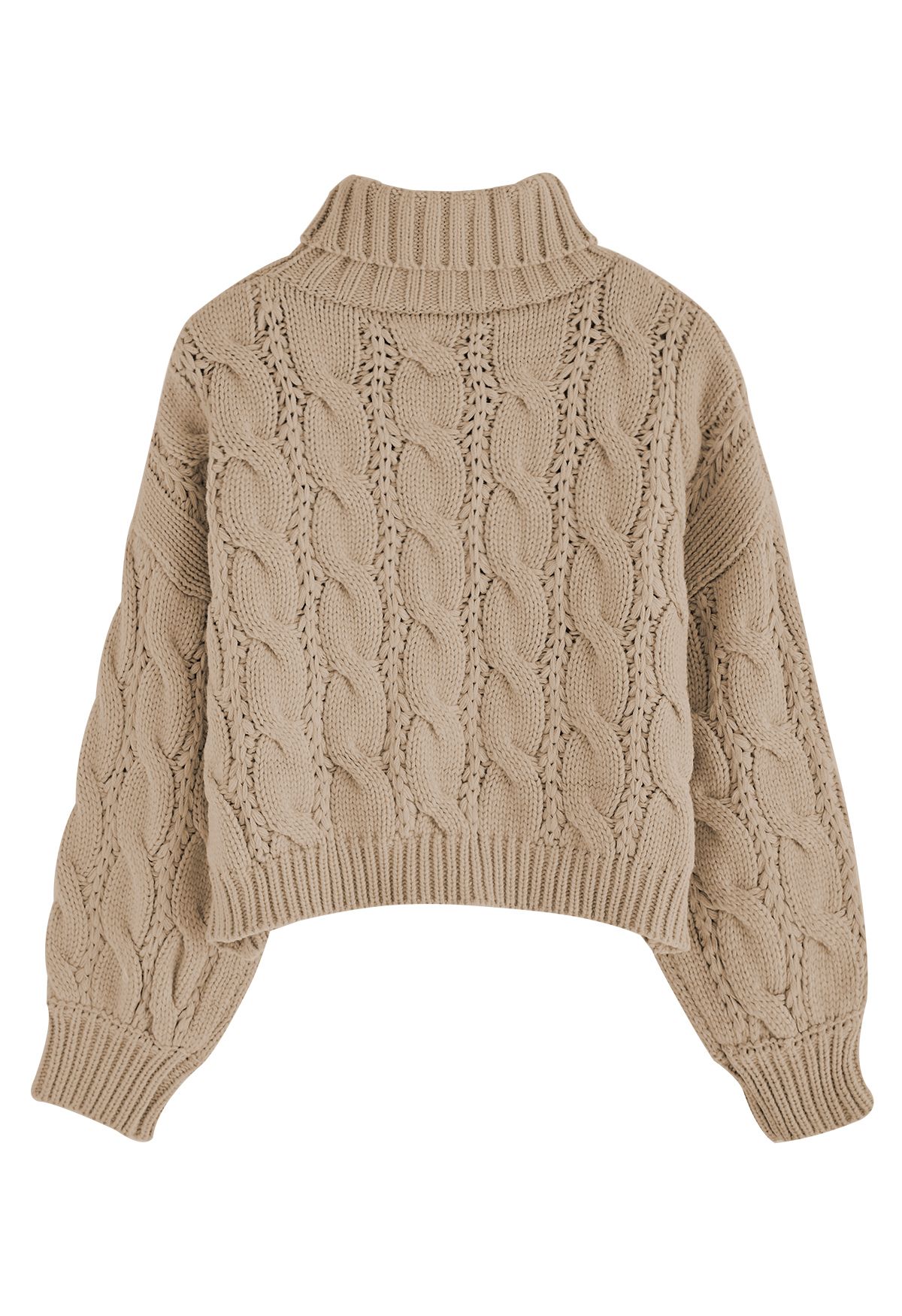 Suéter de tricô trançado gola alta em caramelo