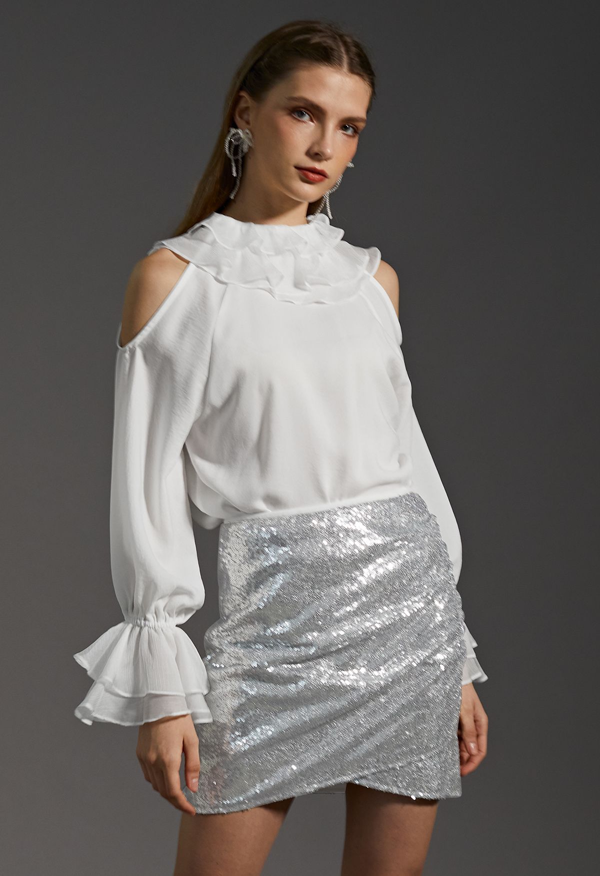 Sparkle Sequin Side Ruched Mini Bud Skirt in Silver