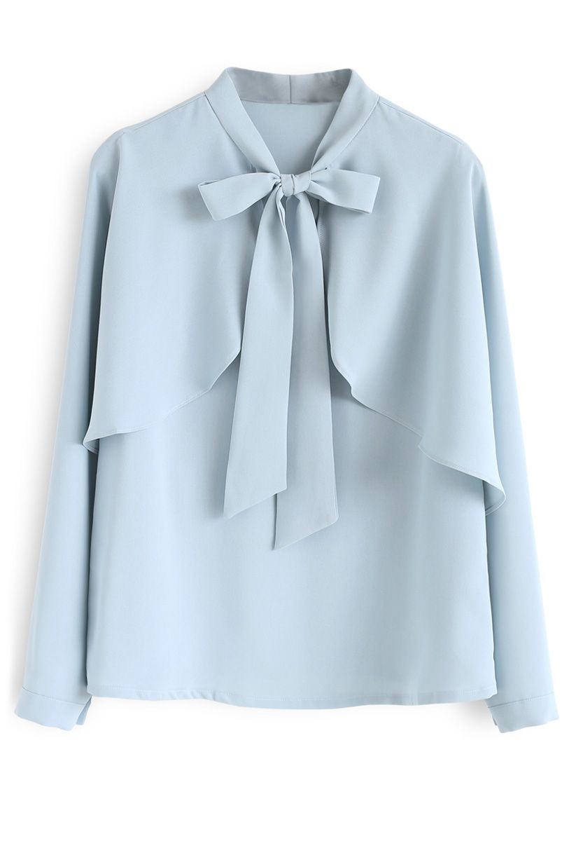 Crush on Casual Bowknot Cape Sleeves Top em azul