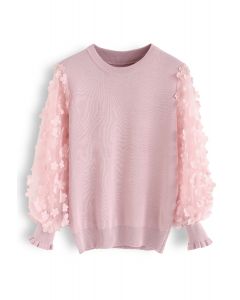 Blusa de malha com mangas de malha flor 3D em rosa