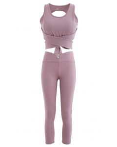 Conjuntos de sutiã esportivo com laço nas costas e leggings cropped lilás