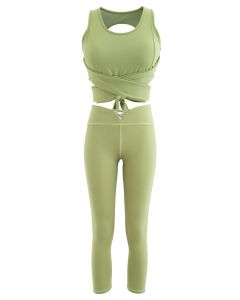 Conjuntos de sutiã esportivo de cintura com laço aberto e leggings em verde