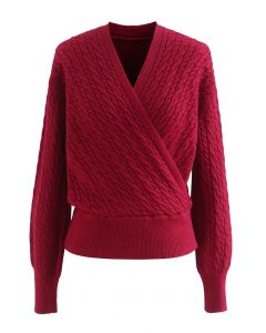Suéter de corte frontal de malha de cabo em vermelho
