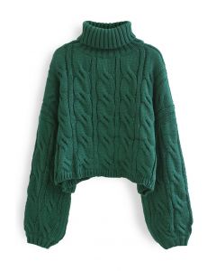 Suéter de tricô trançado gola alta em verde