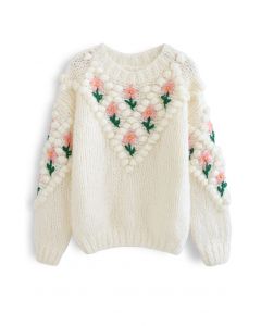 Suéter Stitch Floral Diamond Pom-Pom Tricot à Mão em Branco