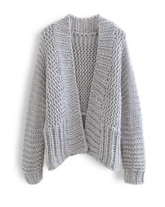 Cardigan robusto tricotado à mão de cor sólida em cinza