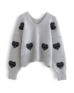 Suéter de malha com decote em V Heartbeat Patch em cinza