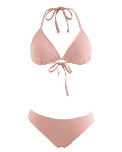 Conjunto de biquíni nude rosa com gola alta e cintura alta