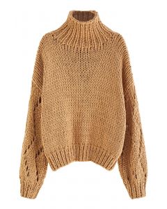 Suéter de tricot à mão Pointelle manga gola alta em bege