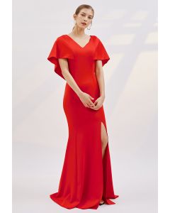 Vestido de sereia com mangas compridas em vermelho