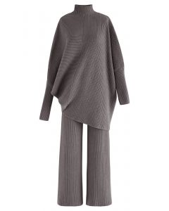 Conjunto de suéter e calça assimétrico manga morcego em malha cinza