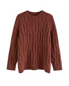 Suéter de tricô com textura de trança em vermelho ferrugem