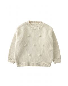 Suéter Pom-Pom tricotado à mão em creme para crianças