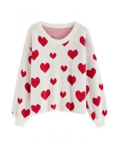 Suéter Fuzzy Contrast Heart Knit em Ivory