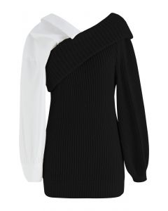Suéter de tricô canelado com ombro dobrado emendado em preto