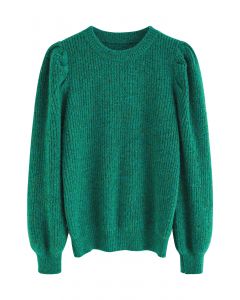 Suéter malha canelada com mangas bufantes em verde