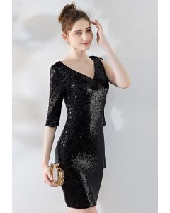 V-Neck Chiffon Spliced Sequined Cocktail Dress in Black