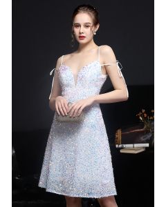 Enchanting Sequined Tie-String Cocktail Dress in White