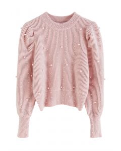Pearl Embellished Puff Sleeve Knit Sweater in Pink