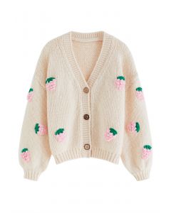 Stitch Strawberry Button Up Hand Knit Cardigan in Cream