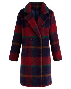 Festive Tartan Fuzzy Wool-Blend Blazer Coat