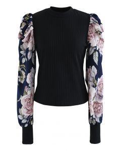 Blusa de manga bolha floral com costura em preto