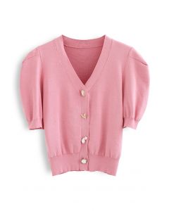 Cardigan de tricô de manga curta com botão de joias em rosa