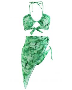 Conjunto de biquíni com nó de folha verde e sarongue
