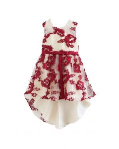 Vestido de tule bordado floral assimétrico em Borgonha para crianças