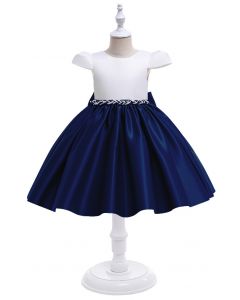 Vestido de princesa com alça de cintura com brilhantes em azul marinho para crianças