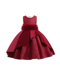 Vestido de princesa de renda floral com babados e malha em vermelho para crianças