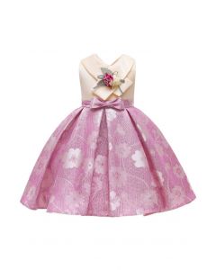 Vestido de princesa jacquard floral bowknot rosa para crianças