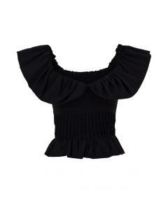 Blusa plissada plissada com aba e ombro em preto