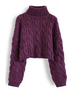 Suéter de tricô com trança e gola alta em Berry