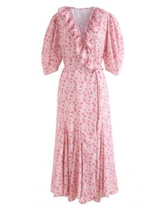 Vestido de chiffon floret com decote em V e babados em rosa