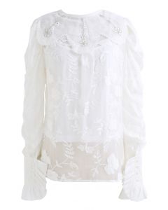 Camisa com gola floral e babados bordados em branco