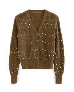 Cardigan de tricô com textura de pérola e diamante em marrom
