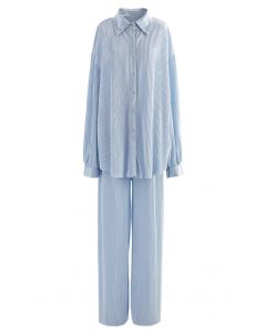 Conjunto de calça e camisa Plisse plissado completo em azul