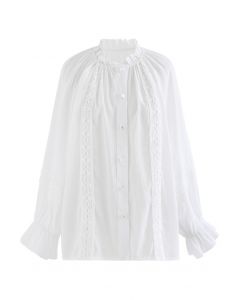 Camisa mangas bufantes de crochê em branco