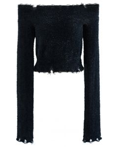 Suéter Crop Shimmery Fuzzy Knit em Preto