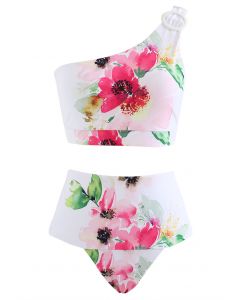 Conjunto de biquíni floral de um ombro com anel em O