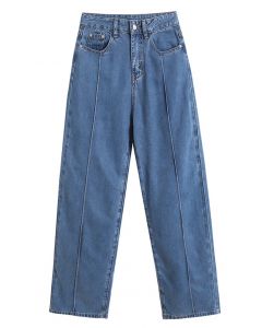 Jeans Clássico de Perna Larga com Detalhe de Costura